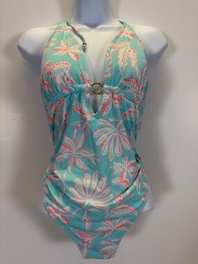 Vineyard Vines Aqua Tropical Halter Cutout One Piece Swimsuit Size L